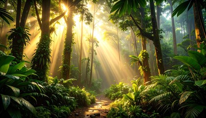 Sunlight Piercing Lush Tropical Rainforest Path.
