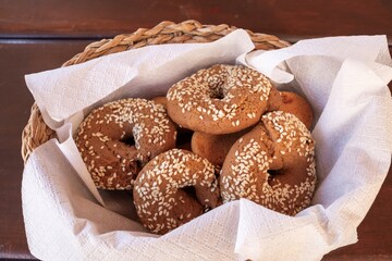 Cookies in a basket on a table.