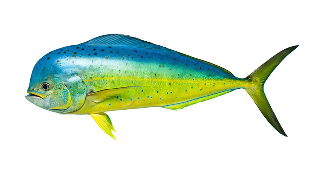 A mahi-mahi fish with bright blue and yellow scales, isolated on a transparent background