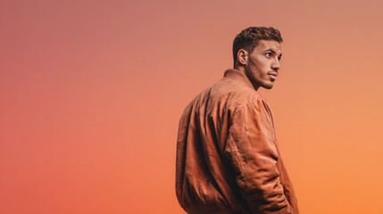 Man in Earth-Tone Bomber Jacket Against Gradient Background