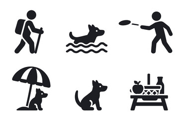 Pet activity solid icon set. Vector glyph pictograms of outdoor recreation with a dog. Man hiking, puppy swimming, playing frisbee, dog on a beach, picnic in a park.