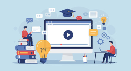 Online education illustration with people, computer, books, and graduation cap.