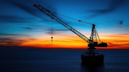 Fototapeta premium Silhouette of crane at sunset over ocean