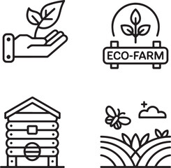 Set of four black line art icons representing organic farming and nature agriculture