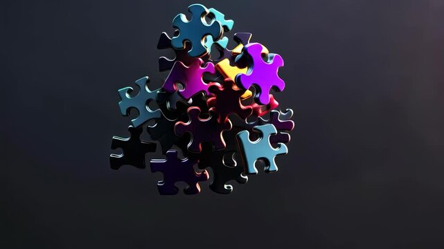 Colorful jigsaw puzzle pieces arranged artistically against a dark background