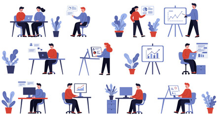 Flat design illustrations of people working in an office, collaborating, analyzing data, and giving presentations in various business scenarios.