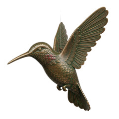 A patinated bronze hummingbird sculpture, intricate wings, suspended against a transparent background with soft studio light, a close-up macro shot showcasing aged beauty and natural elegance