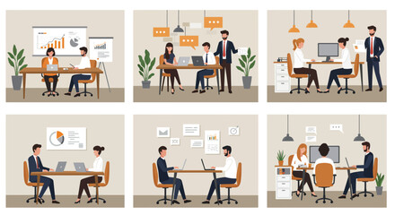 Obraz premium Collage of office scenes depicting meetings, presentations, and collaborative work among professionals in a modern workspace.