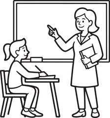 Teacher Instructing Student at Desk in Classroom Line Drawing education learning