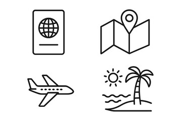 Travel and tourism icons set of 4, line outline style, including passport, location map with pin, airplane, and tropical island with palm tree and sun, vacation and destination symbols