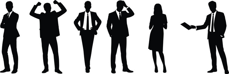 Business people silhouette collection, vector illustration of professionals in formal suits, teamwork poses, office communication, leadership concept, corporate success discussion design