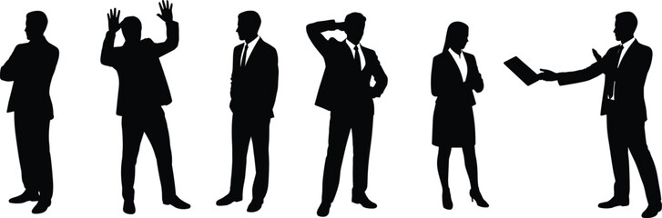 Business people silhouette collection, vector illustration of corporate professionals in formal suits, teamwork poses, office communication, leadership, discussion, decision making