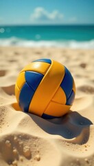 Obraz premium Vibrant volleyball rests on sun-drenched sand, game lines visible , blue, summer
