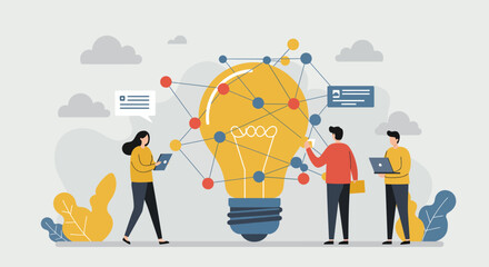 Three diverse individuals collaboratively develop a brilliant new business concept, connecting innovative ideas within a dynamic technological network.