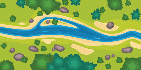 River top view landscape above forest, aerial map