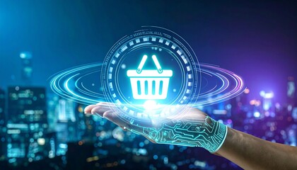 Futuristic hologram of a hand touching a virtual shopping basket icon, surrounded by glowing data streams.