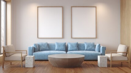 Modern Living Room with Light Blue Sofa and Minimalist Wall Art