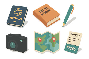 Travel Icon Set Featuring Isometric Flat Style Elements for Travel Journaling and Adventure Planning with Passport, Travel Journal, Pen, Camera, Map, and Ticket Stub Vector Illustration