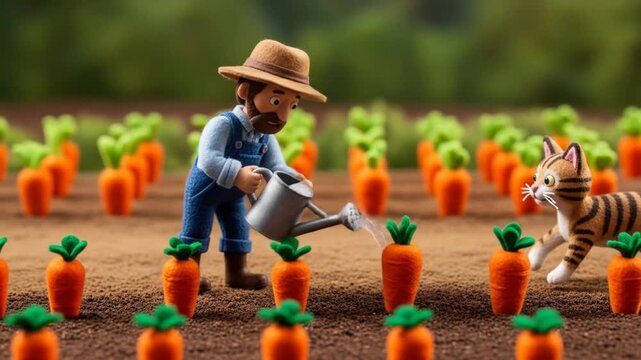 A Day in the Garden: Animated Farmer Waters Carrots While Playful Cat Explores, This whimsical scene captures the simple joys of rural life with charming miniature figures in a vibrant carrot patch