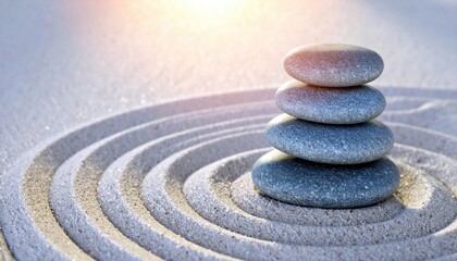 Stacked smooth gray stones sit on rippling sand garden with soft sunlight Zen rock balance meditation