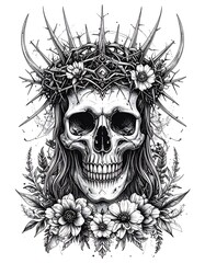 Obraz premium A detailed illustration of a skull adorned with a crown of thorns and flowers, evoking a powerful and artistic theme.