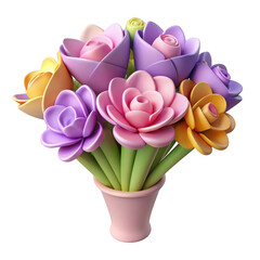 Beautiful 3d rendered floral arrangement with assorted pastel colored blooms in a pink vase transparent background