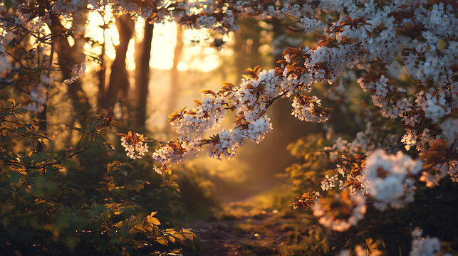 Blossoming cherry trees illuminate a serene path during golden hour in a tranquil forest setting