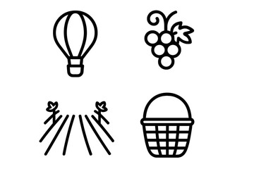Vineyard Icon Set with Outline Style Including Hot Air Balloon Overflight, Grape Cluster, Vine Rows, and Basket Silhouette for Agricultural and Wine Concepts