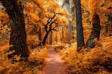 Fototapeta premium The forest covered autumn golden leaves.