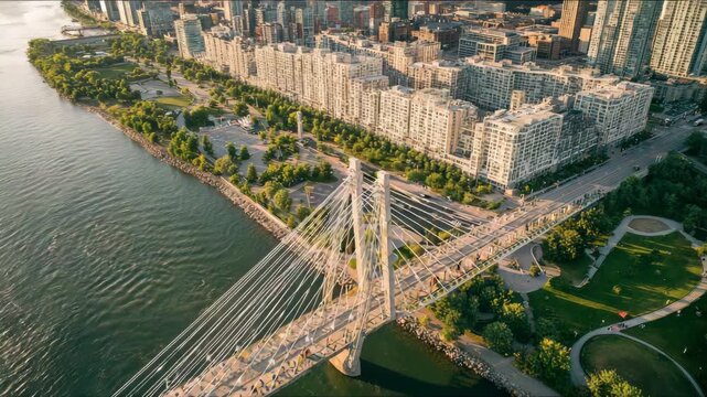 Aerial urban scenery featuring patterned city blocks, cable-stayed crowded bridge and calm flowing river beside parks,