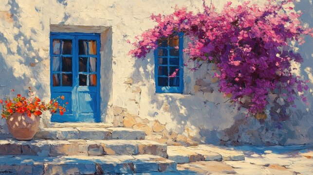 Fototapeta Watercolor of Traditional greek Santorini house with bougainvillea flowers,Greece islands blue white traditional cafe restaurant architecture,Santorini blue door window,Mediterranean scene.