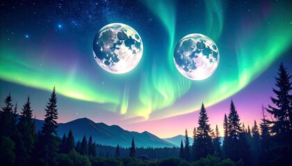 Fototapeta premium Two Moons, Aurora Borealis, and Mountainous Forest at Night.
