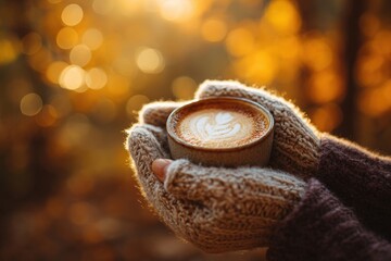 Cozy Hands Holding a Mug of Frothy Coffee in Autumn Light