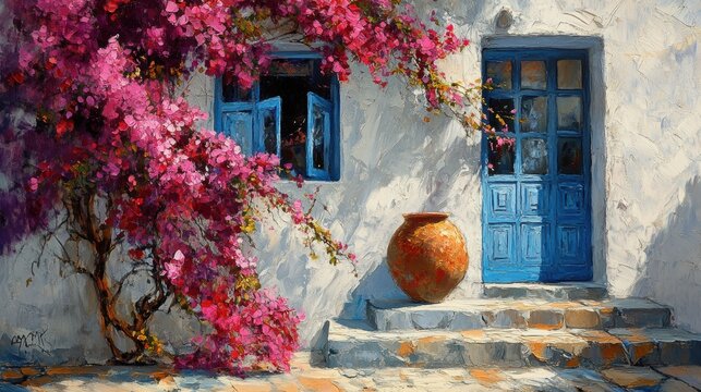 Fototapeta Watercolor of Traditional greek Santorini house with bougainvillea flowers,Greece islands blue white traditional cafe restaurant architecture,Santorini blue door window,Mediterranean scene.