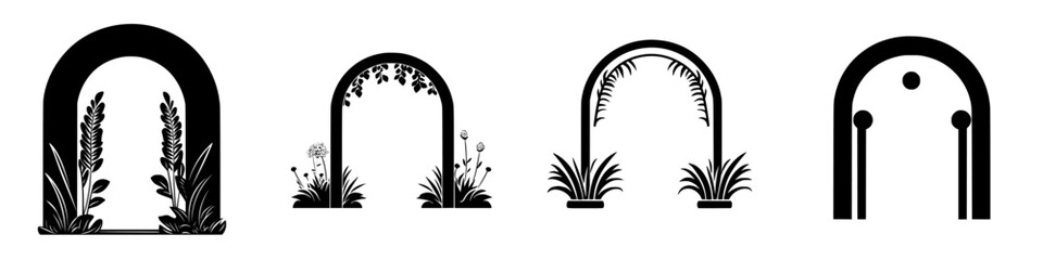 Unique black and white arch designs featuring plants and floral elements in various artistic styles