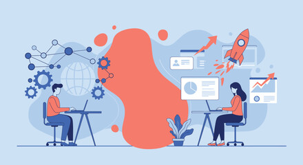 Obraz premium Business professionals collaborate efficiently in a modern digital environment, utilizing technology and data analytics to foster innovation and drive rapid market growth.