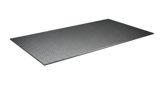 A sleek, dark charcoal grey metal panel with a subtle geometric pattern and matte finish, centered on a transparent background with copy space. Concept of modern industrial design