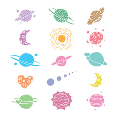 Collection of colorful Planets illustration doodle icon on a white background