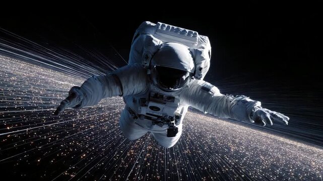 Astronaut in sleek white suit drifting near a glowing satellite array with black deep space in the background, arms extended in motion,