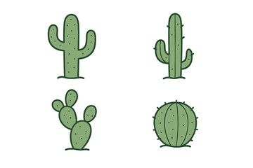 Set of cute cactus vector icons. Minimalist cartoon illustration of green desert succulent plants. Collection of saguaro, prickly pear, and other cacti doodles. Simple flat design.