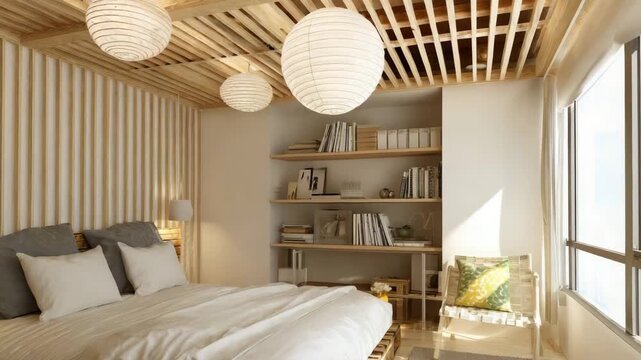 Bedroom with futon bed, clean lines, pale wood slats, and paper lantern ceiling light