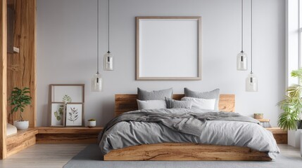 Modern Minimalist Bedroom with Wooden Bed Frame and Neutral Bedding