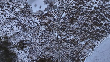 Serene aerial view of a frozen lake surrounded by dense forest and frosty terrain. A narrow snow covered path cuts through the icy wilderness. - Powered by Adobe