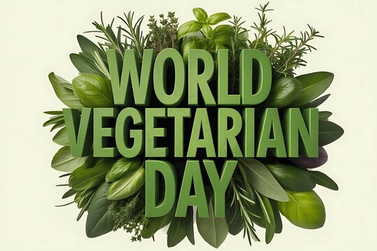 Celebrate World Vegetarian Day with fresh herbs and vibrant green typography, perfect for healthy eating promotions and food-related campaigns - Powered by Adobe