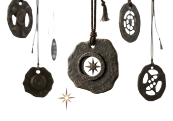 Ancient, aged bronze celestial markers, astrolabes, suspended by hemp cords, white background, sharp foreground star, blurred bokeh, concept of ancient cosmic mystery and forgotten wisdom