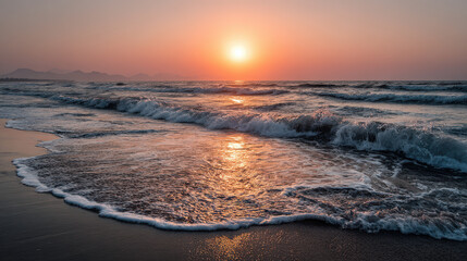 Fototapeta premium stunning summer sunset over tranquil sea painting sky in hues of orange and pink