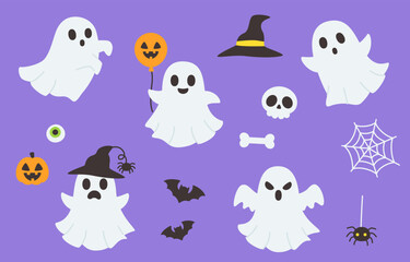 Halloween Cartoon Ghost Collection with Witch Hats Pumpkins and Purple Background