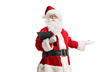 Santa Claus holding a clipboard and welcoming with hand