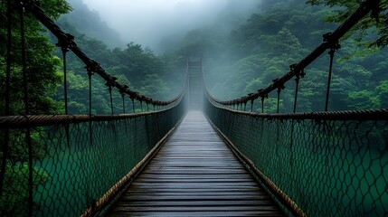 Obraz premium A breathtaking view of a suspension bridge surrounded by mist and greenery, inviting adventure in a serene setting