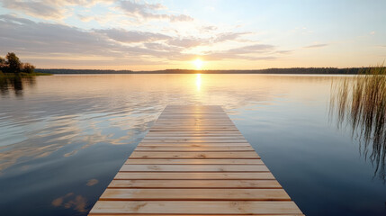 Fototapeta premium Serene wooden dock extends over calm water at sunrise, reflecting soft colors of dawn